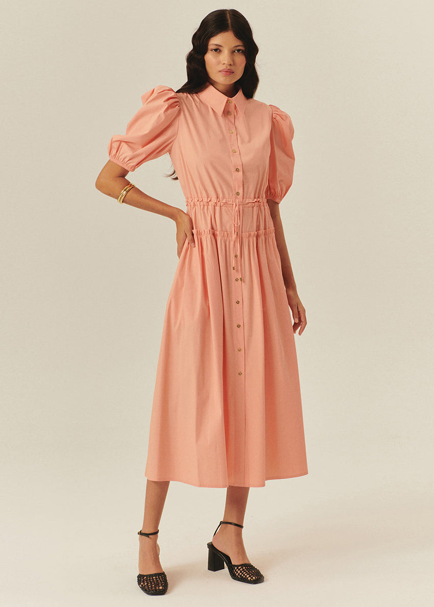 Balloon Sleeve Fitted Waist Shirt Dress – Salmon