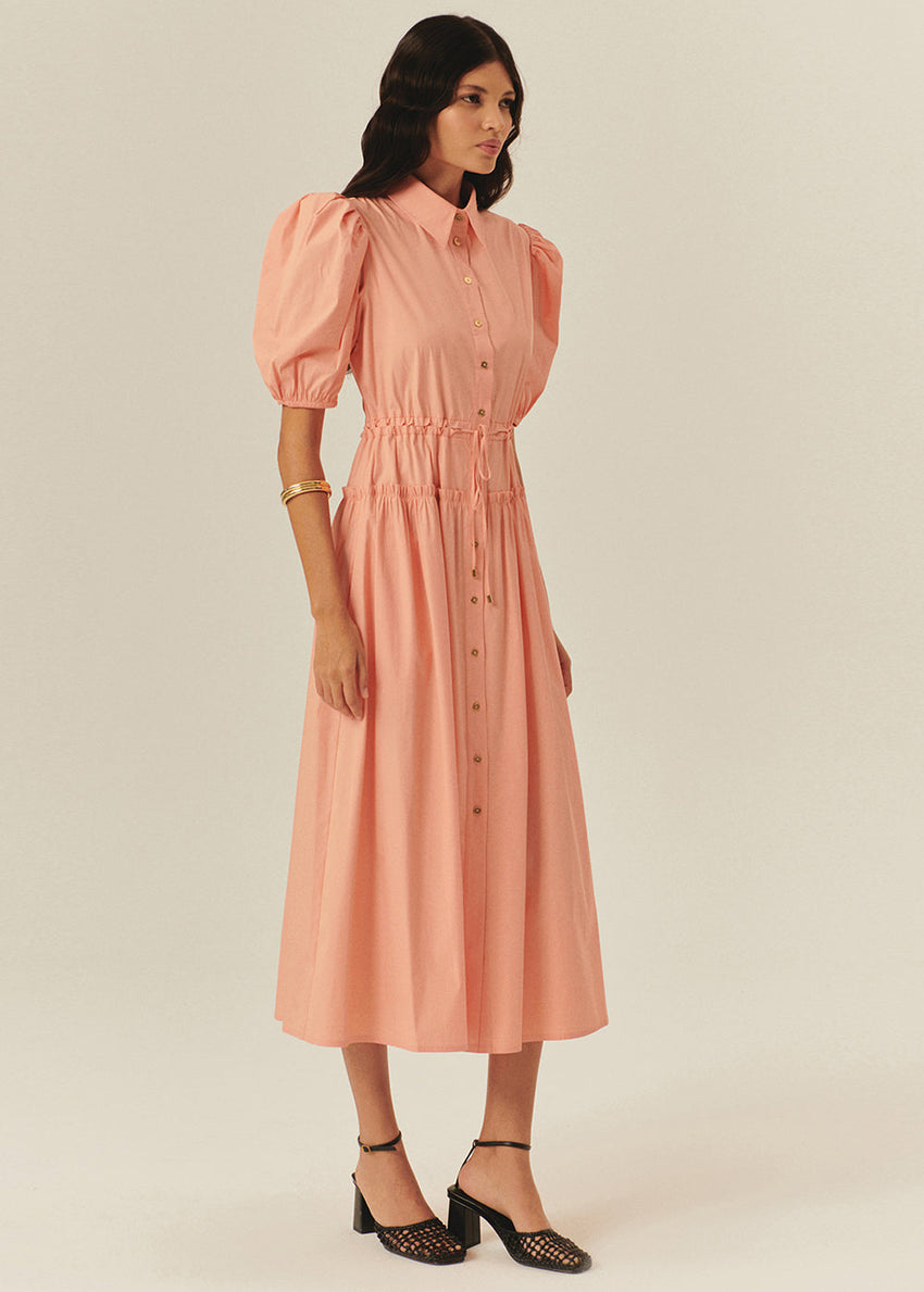 Balloon Sleeve Fitted Waist Shirt Dress – Salmon