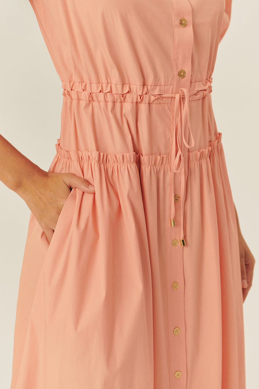 Balloon Sleeve Fitted Waist Shirt Dress – Salmon