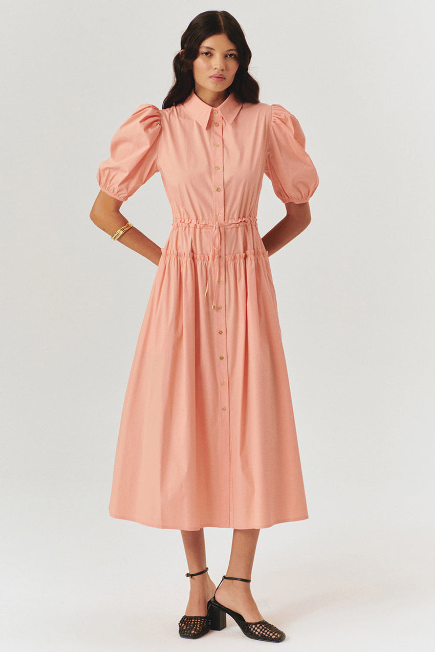 Salmon Balloon Sleeve Fitted Waist Midi Shirt Dress