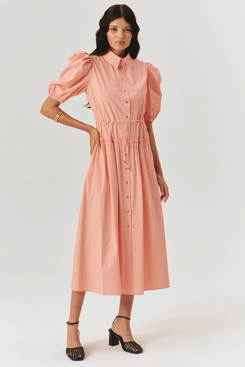 Salmon Balloon Sleeve Fitted Waist Midi Shirt Dress