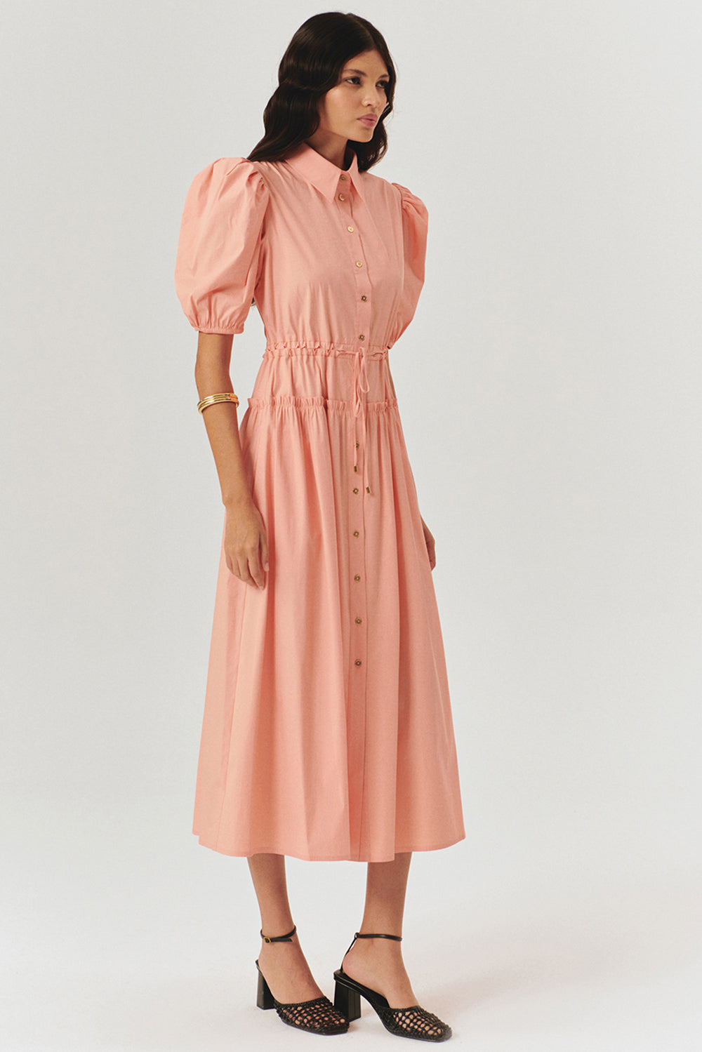 Salmon Balloon Sleeve Fitted Waist Midi Shirt Dress