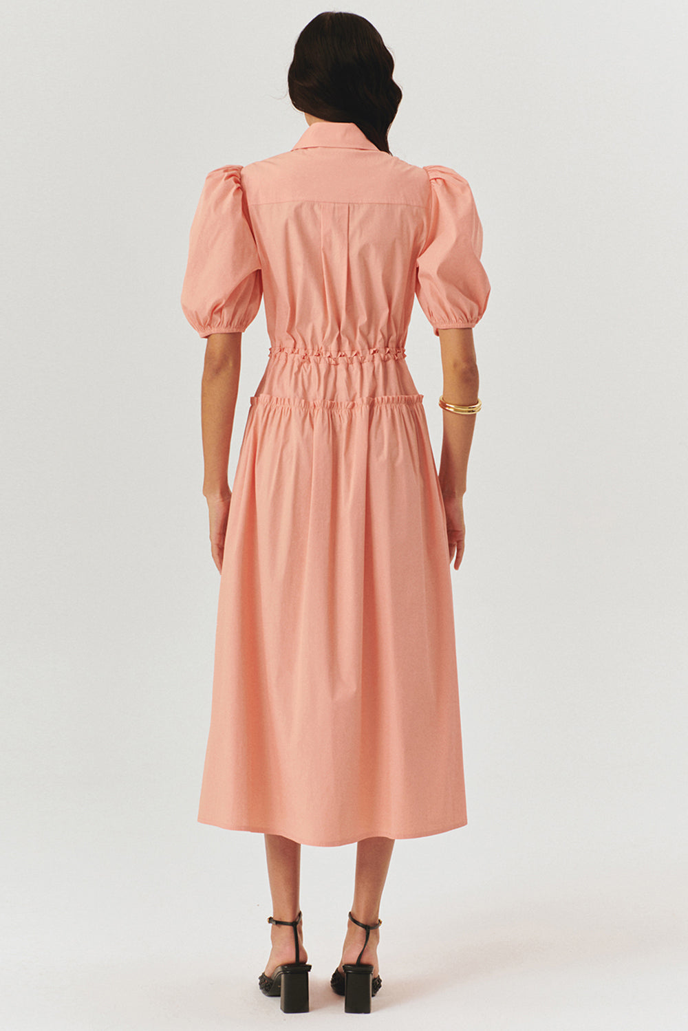 Salmon Balloon Sleeve Fitted Waist Midi Shirt Dress