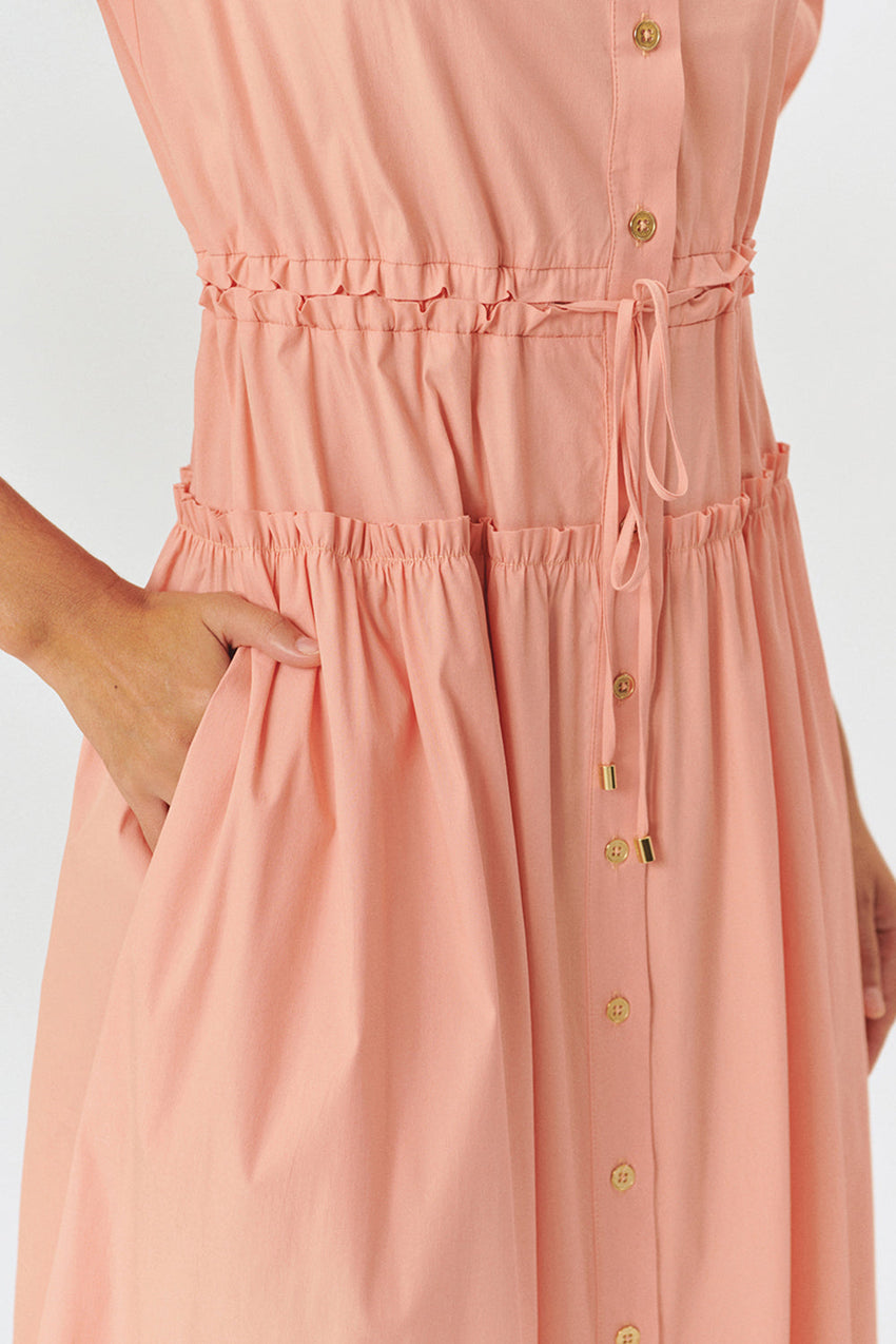 Salmon Balloon Sleeve Fitted Waist Midi Shirt Dress