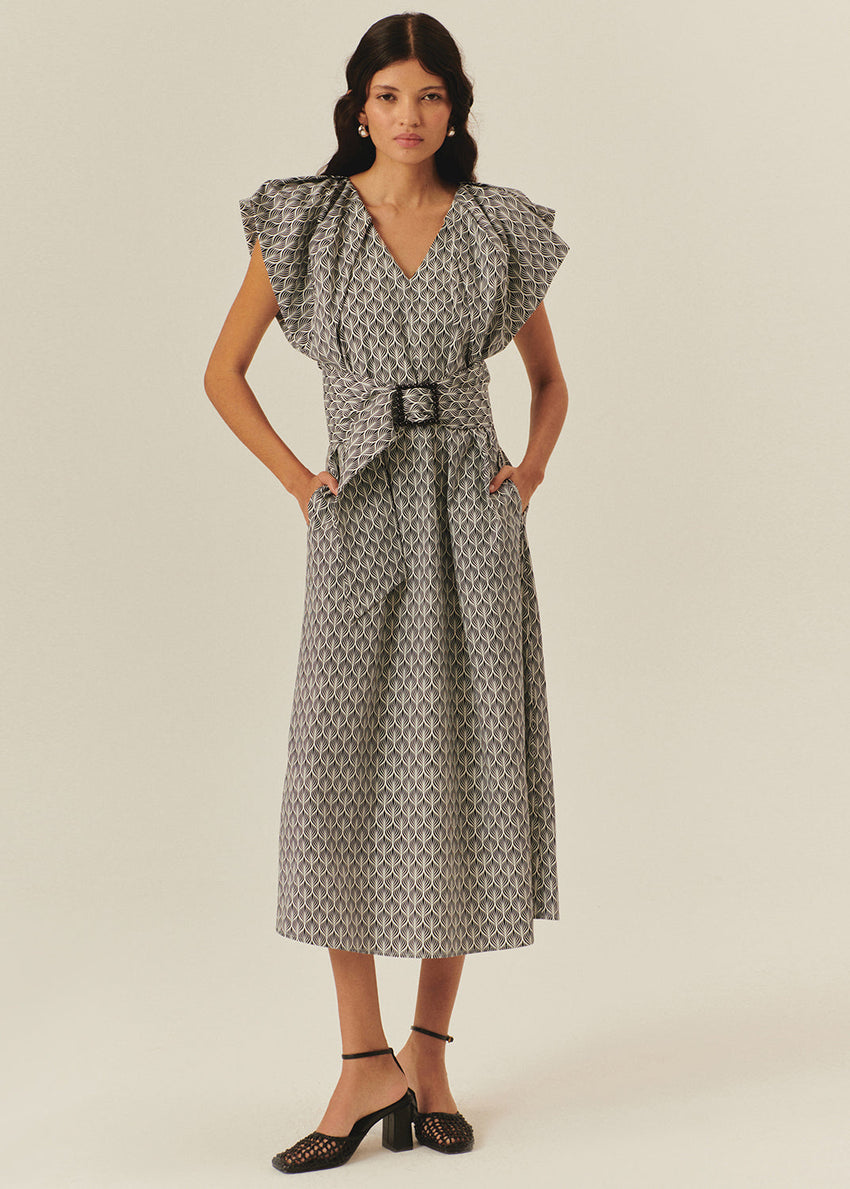 Printed Midi Dress with V-Neck and Straight Cut
