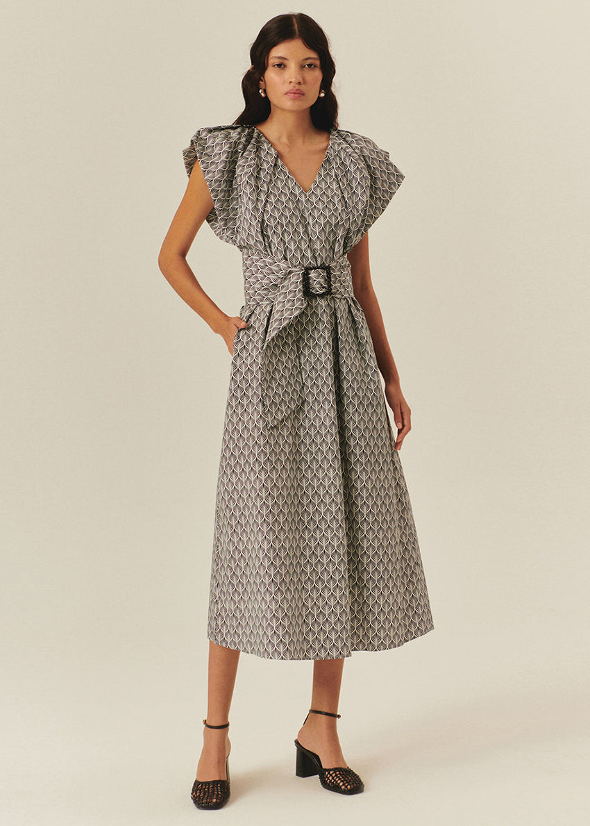 Printed Midi Dress with V-Neck and Straight Cut