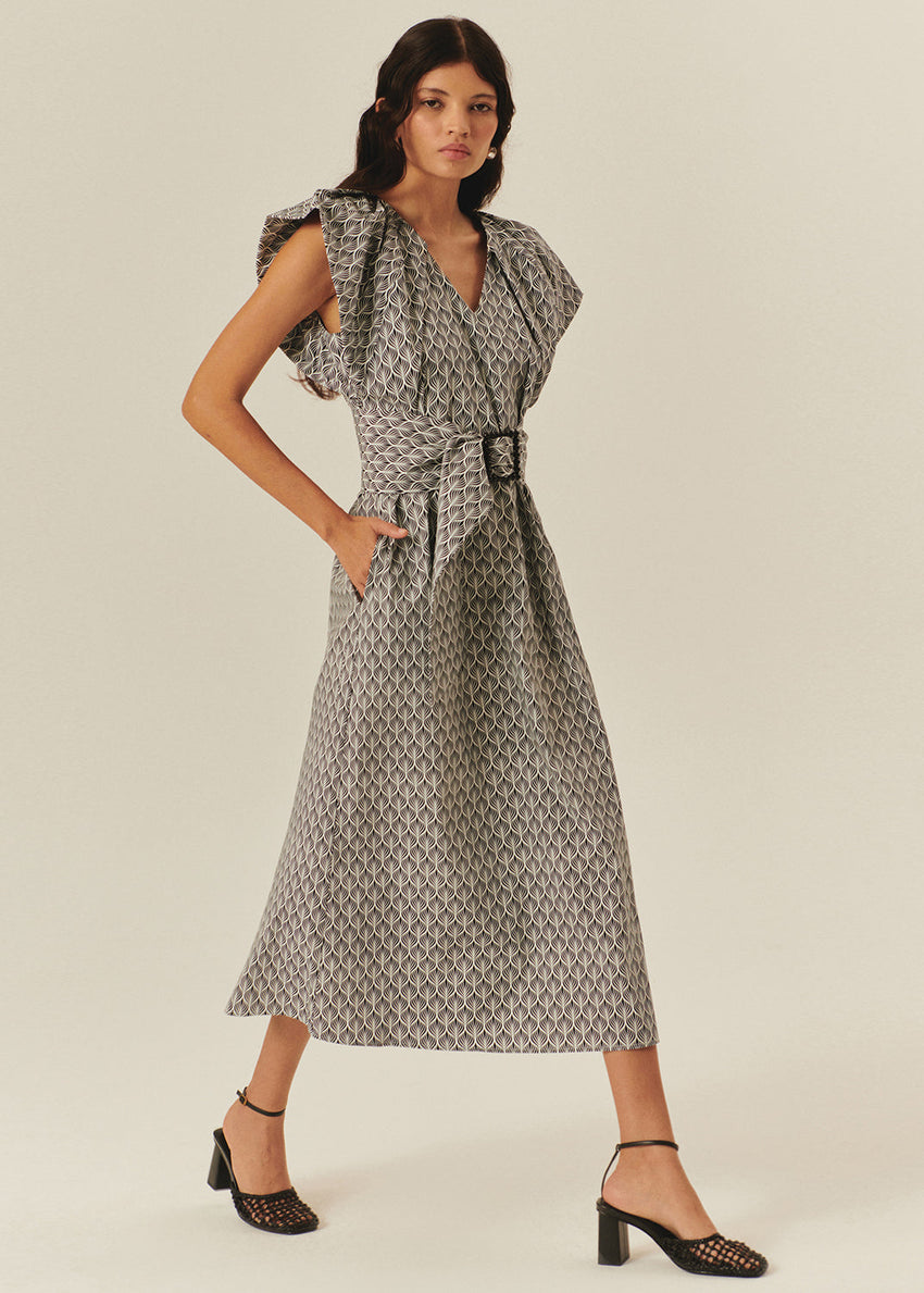 Printed Midi Dress with V-Neck and Straight Cut