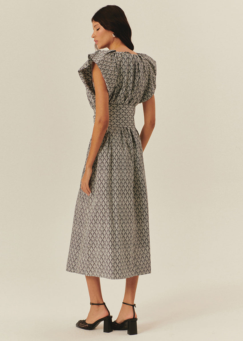 Printed Midi Dress with V-Neck and Straight Cut