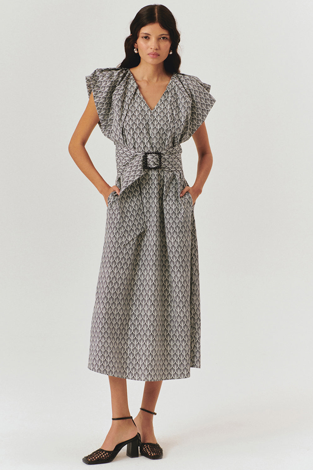 V Neck Straight Cut Patterned Midi Dress