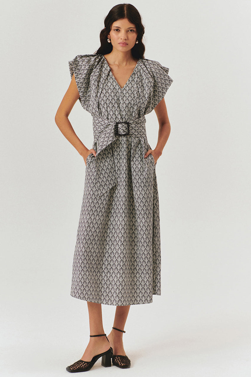 V Neck Straight Cut Patterned Midi Dress