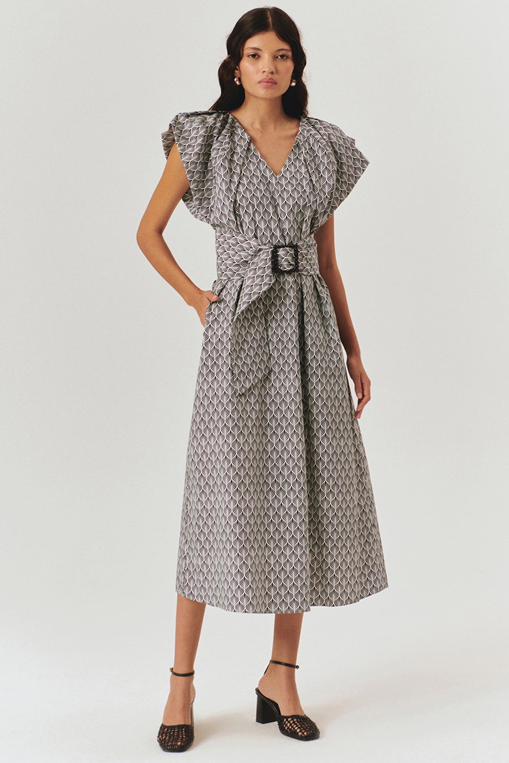 V Neck Straight Cut Patterned Midi Dress