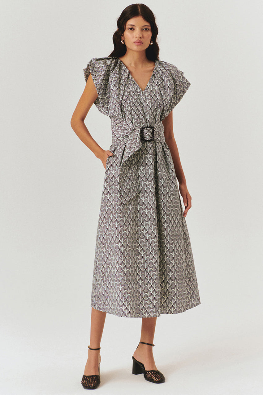 V Neck Straight Cut Patterned Midi Dress