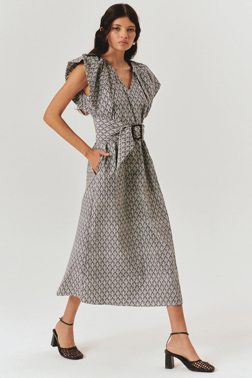 V Neck Straight Cut Patterned Midi Dress