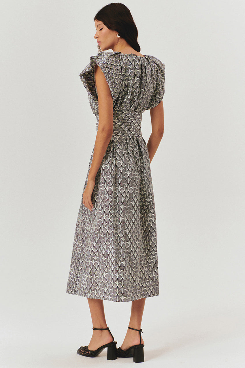 V Neck Straight Cut Patterned Midi Dress