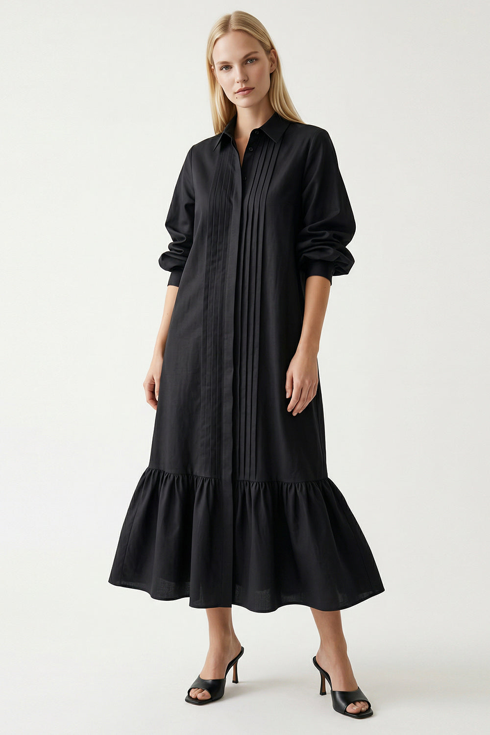 Long Sleeve Linen Shirt Dress - BLACK