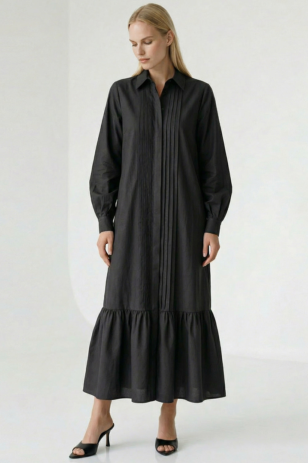 Long Sleeve Linen Shirt Dress - BLACK