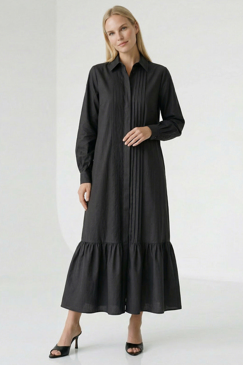 Long Sleeve Linen Shirt Dress - BLACK