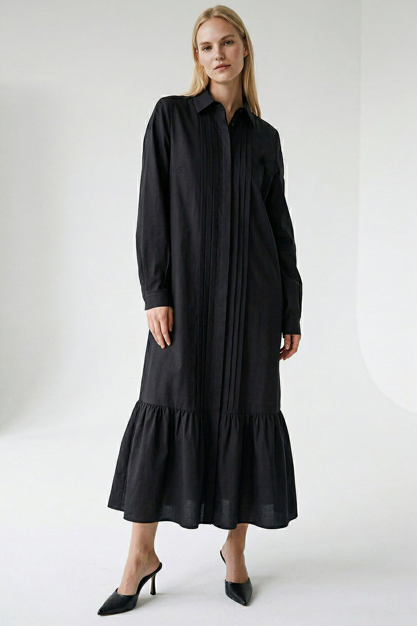 Long Sleeve Linen Shirt Dress - BLACK