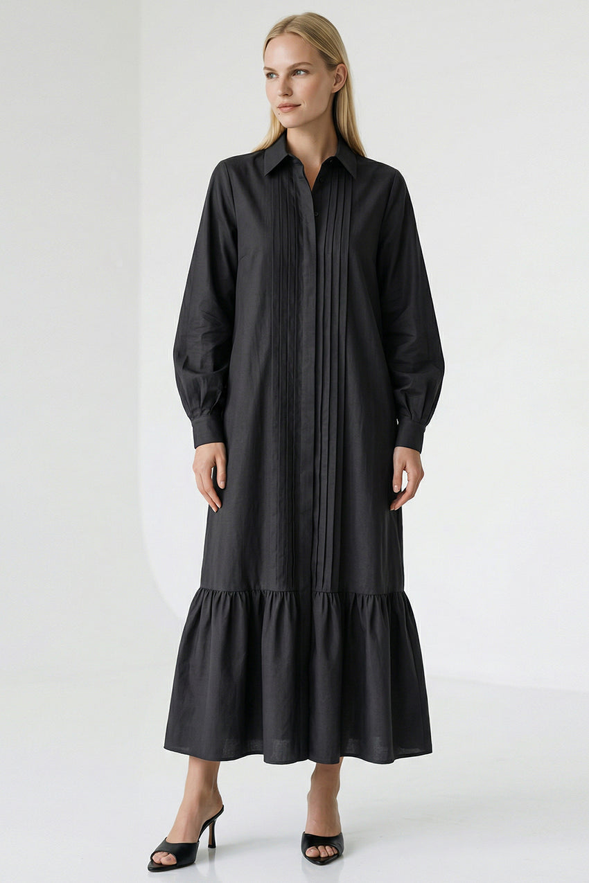 Long Sleeve Linen Shirt Dress - BLACK
