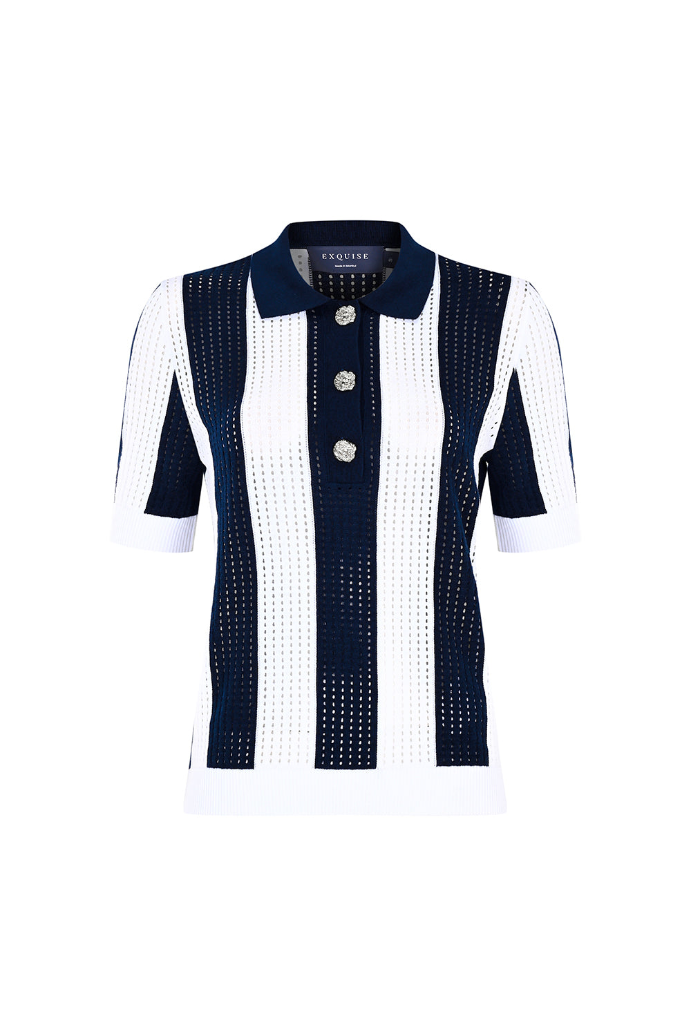 Polo Collar Knit Blouse With Gold Buttons - NAVY