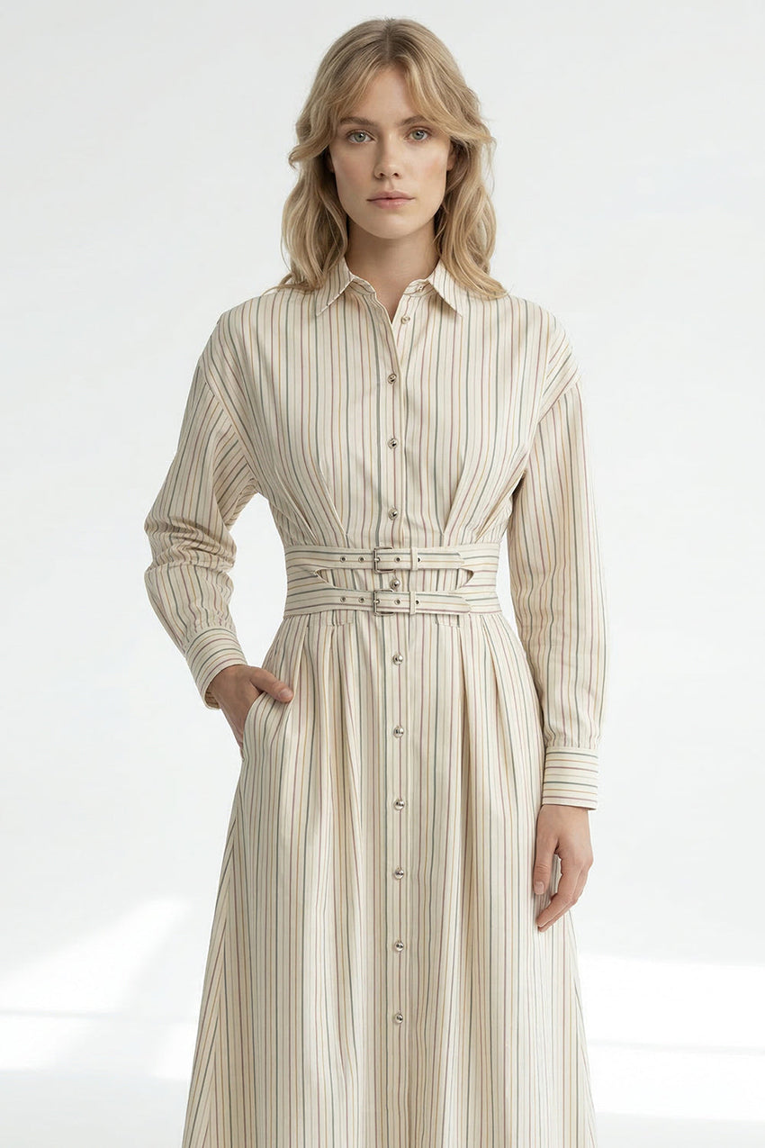 Long Sleeve Midi Shirt Dress - BEIGE