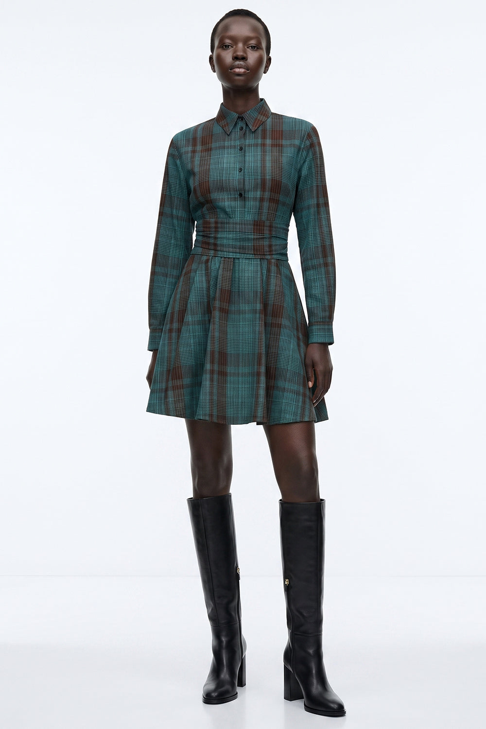 Long Sleeve Mini Dress with Waist Detail - MULTICOLOR