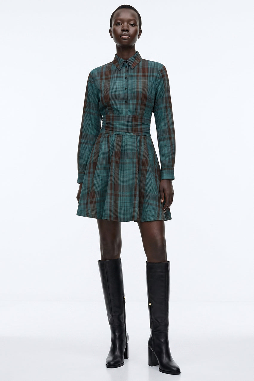 Long Sleeve Mini Dress with Waist Detail - MULTICOLOR