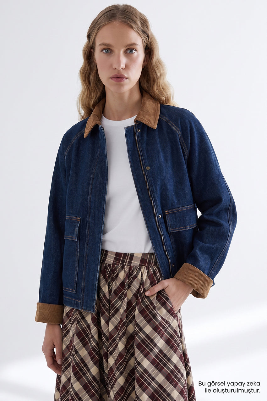 Lined Denim Jacket with Velvet Trim - INDIGO
