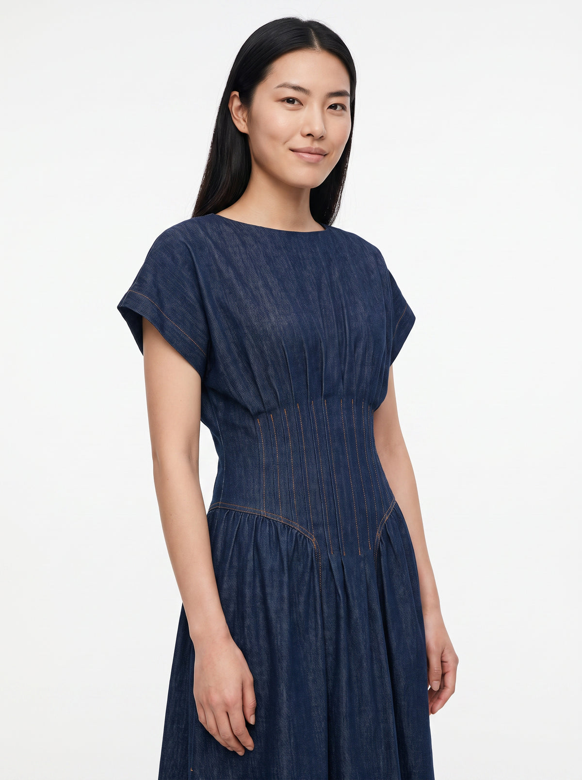 Corset Waist Dropped Sleeve Midi Dress - NAVY