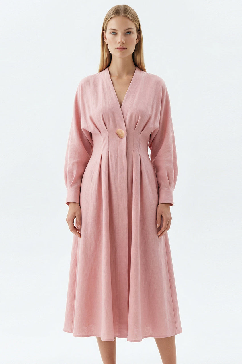 Slim V Neck Long Sleeve Linen Midi Dress - PINK