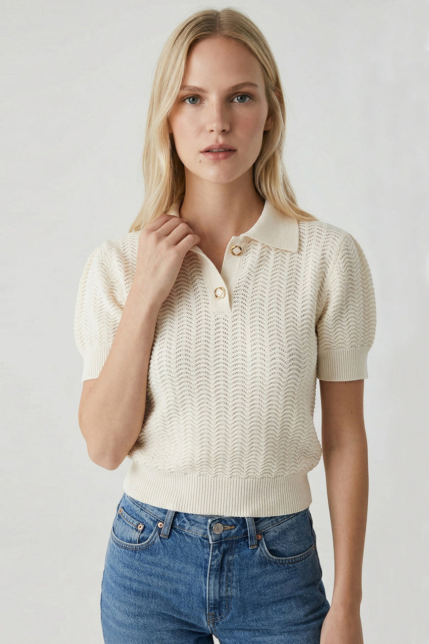 Rachael Polo Knit Blouse - BEIGE