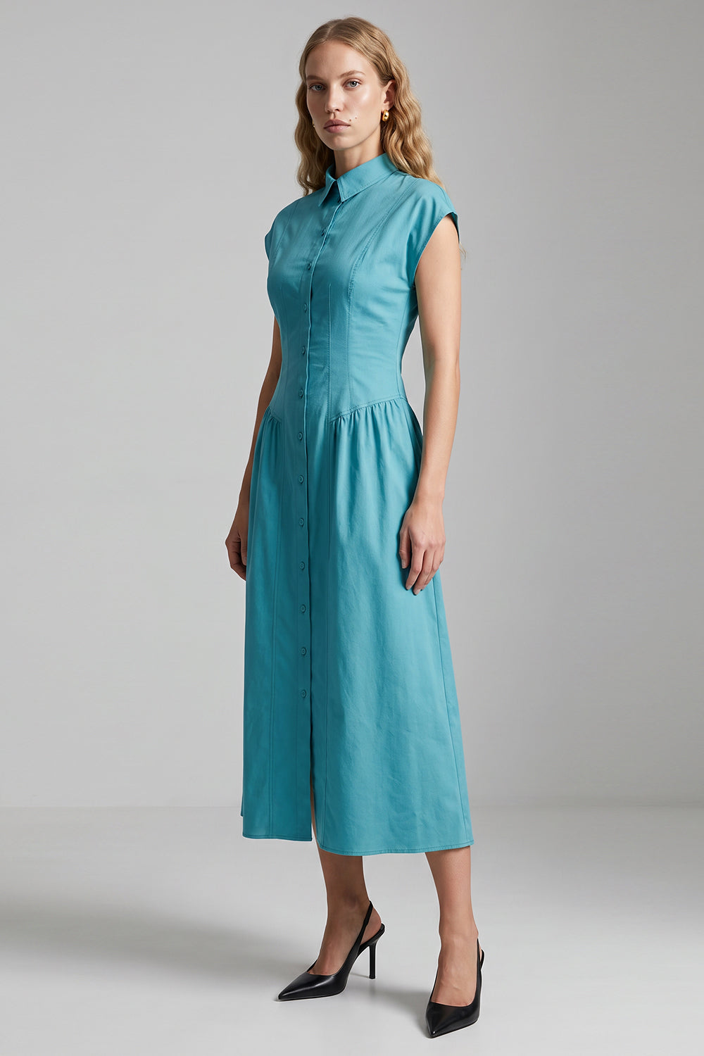 Dropped Sleeve Fitted Midi Dress - BLUE