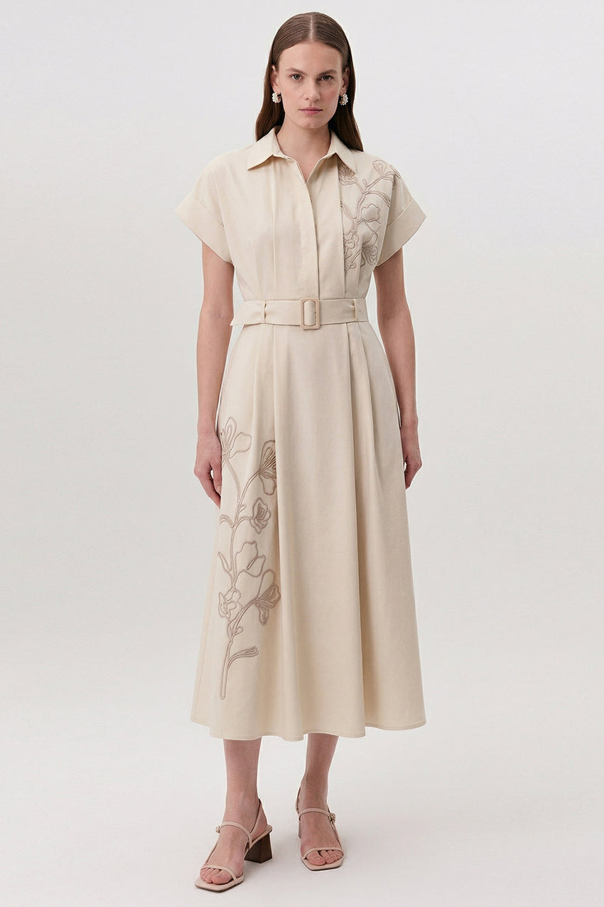 Shirt Collar Short Sleeve Belted Pocket Midi Dress - CREAM