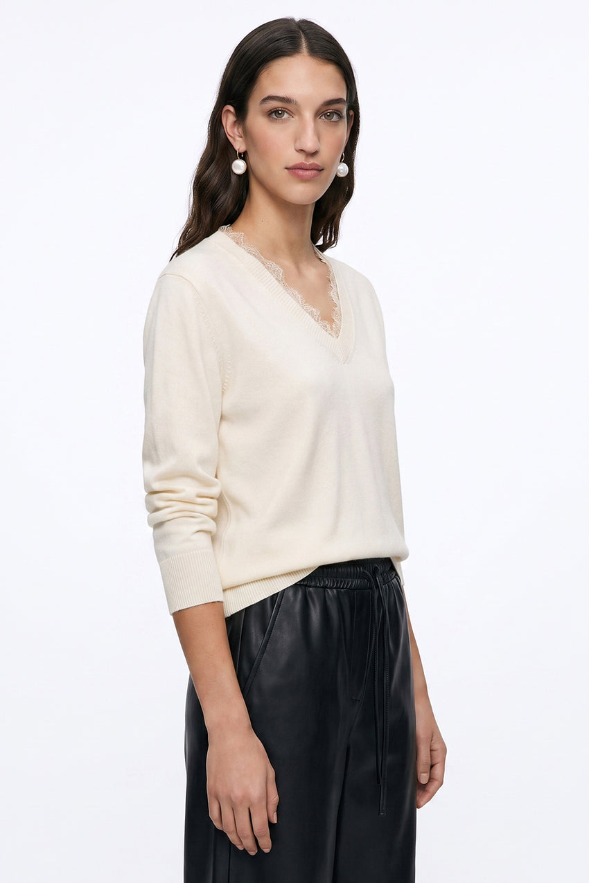Long Sleeve V Neck Knit Blouse with Lace Trim - ECRU