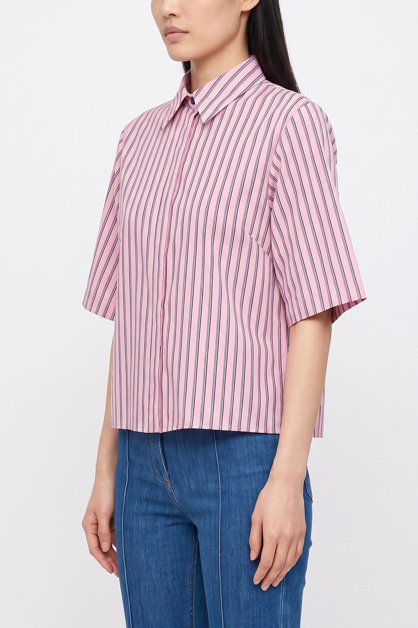 Short Sleeve Button Front Shirt with Concealed Placket - PINK NAVY BLUE