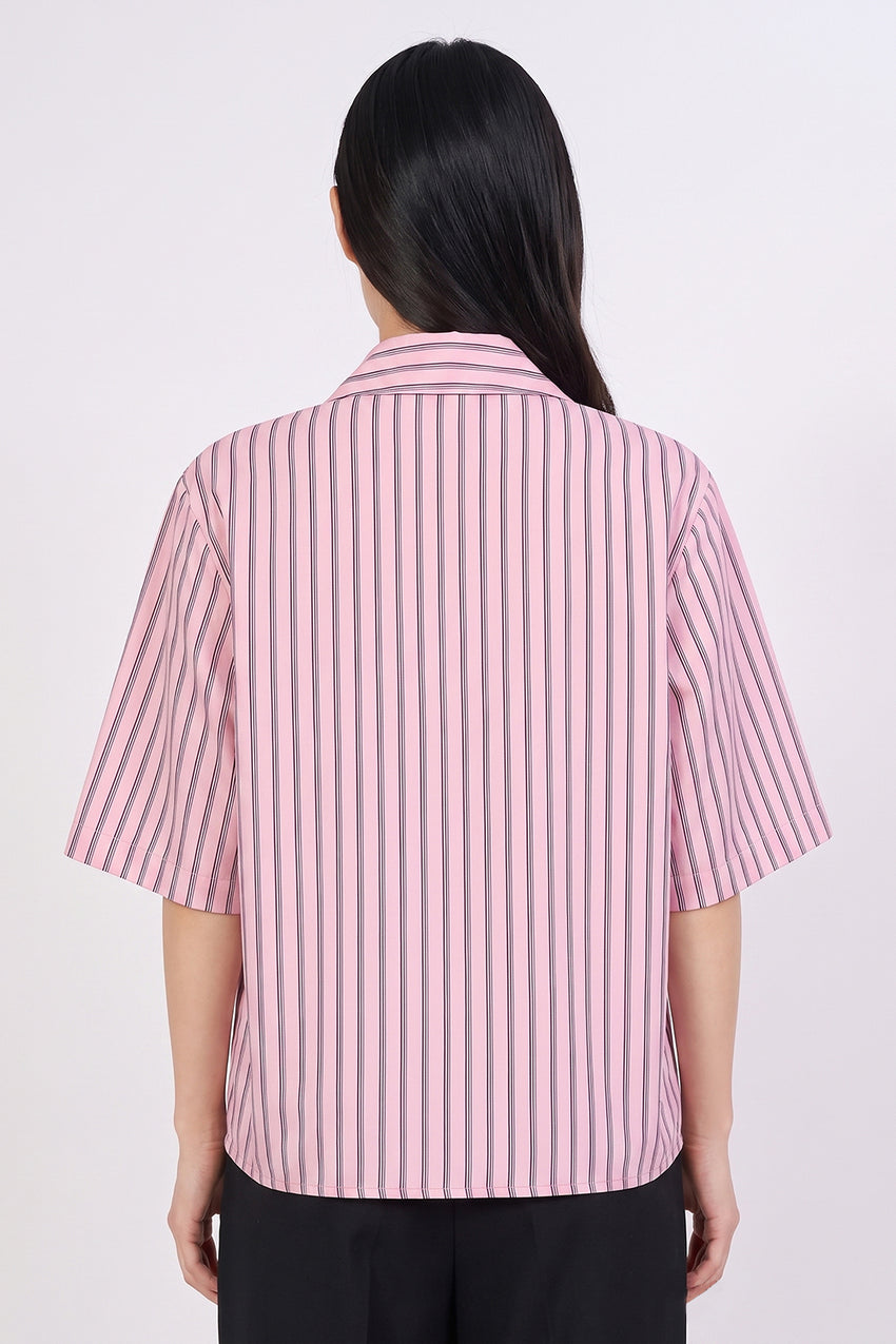 Short Sleeve Button Front Shirt with Concealed Placket - PINK NAVY BLUE