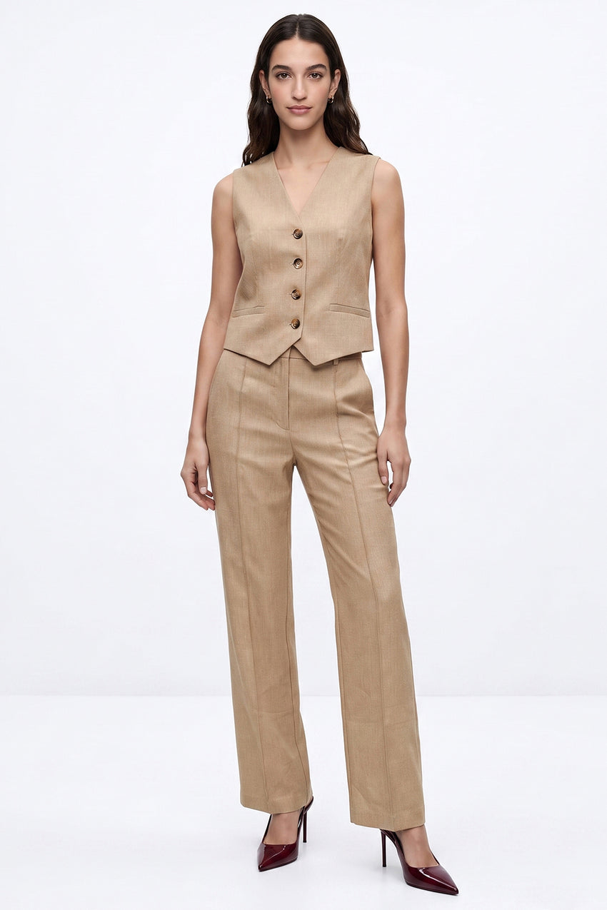 Linen Blend Vest with Back Buckle - CAMEL