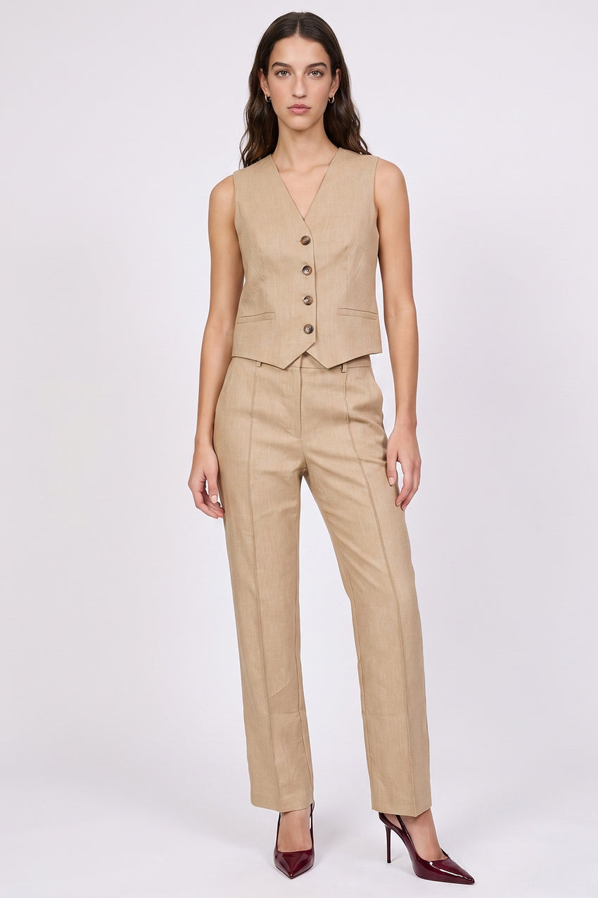 Linen Blend Vest with Back Buckle - CAMEL