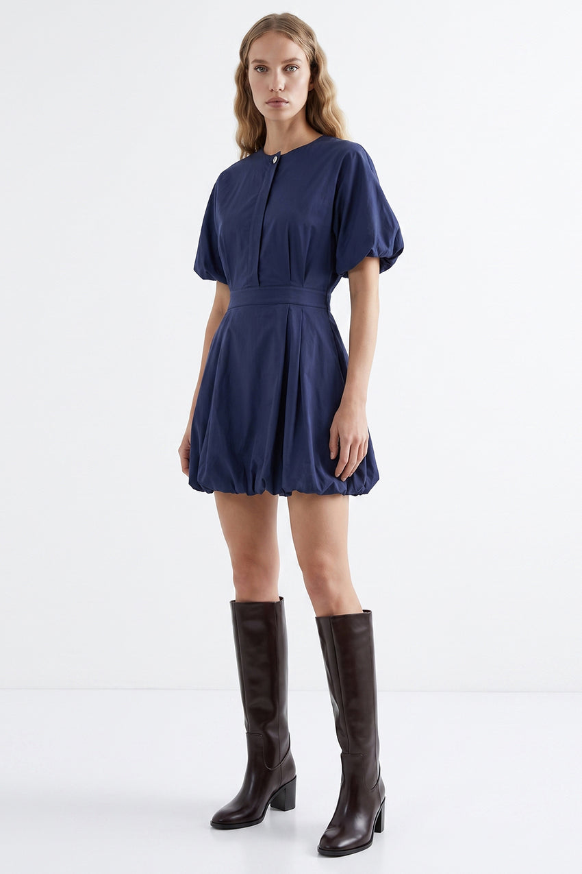 Balloon Sleeve Lined Mini Dress with Elastic Waist - BLUE