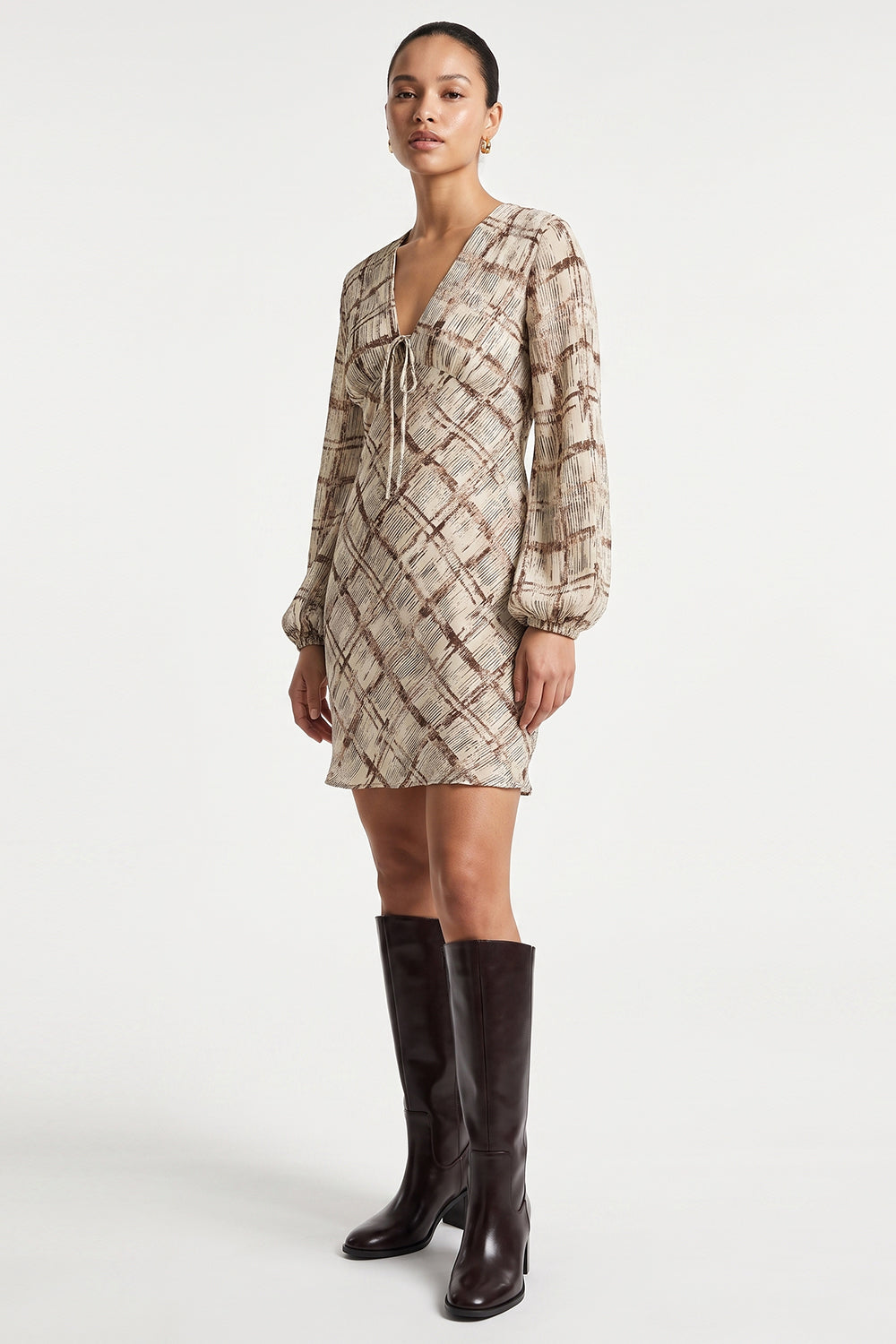 Elasticated Sleeve V Neck Lined Dress - MULTICOLOR