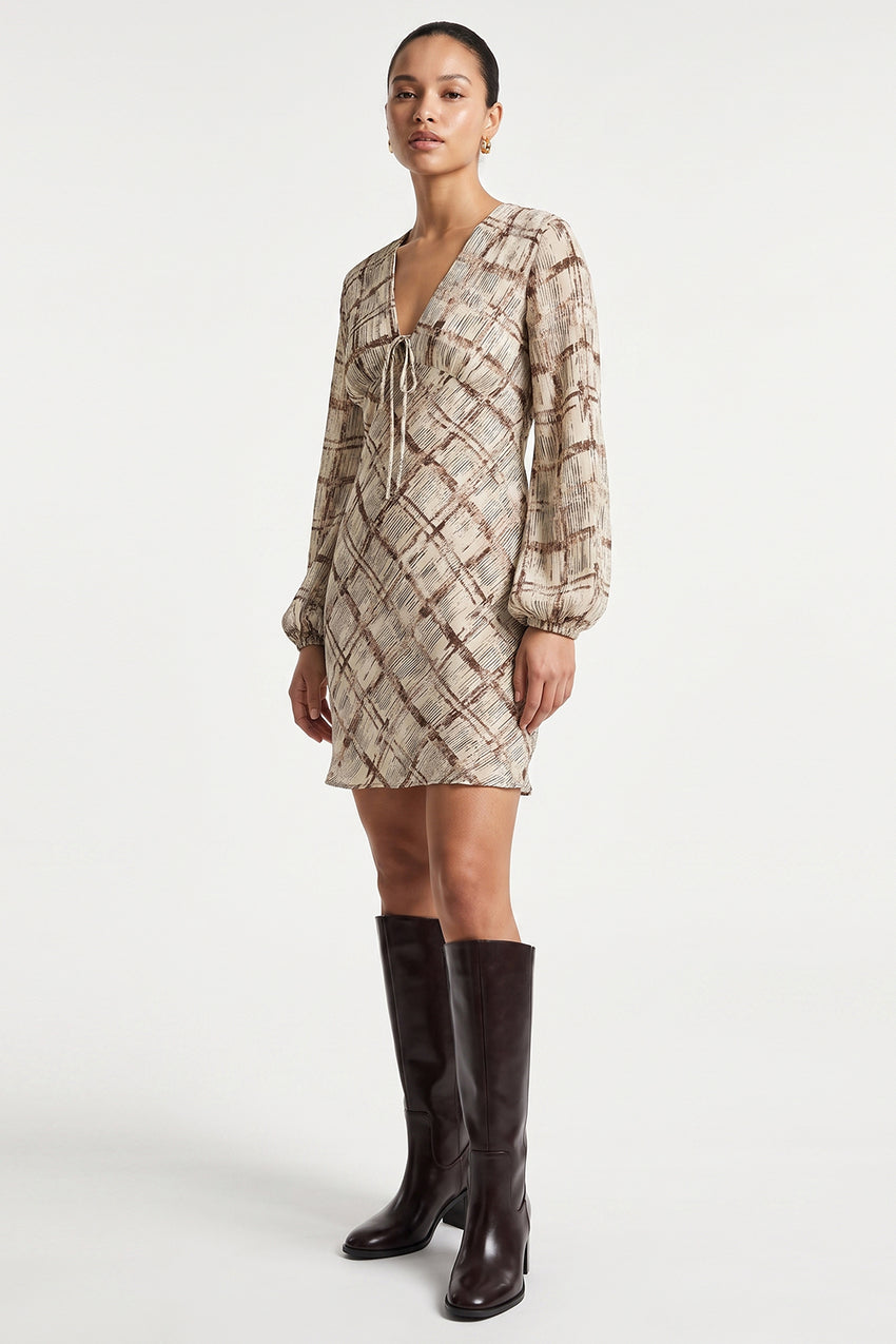 Elasticated Sleeve V Neck Lined Dress - MULTICOLOR