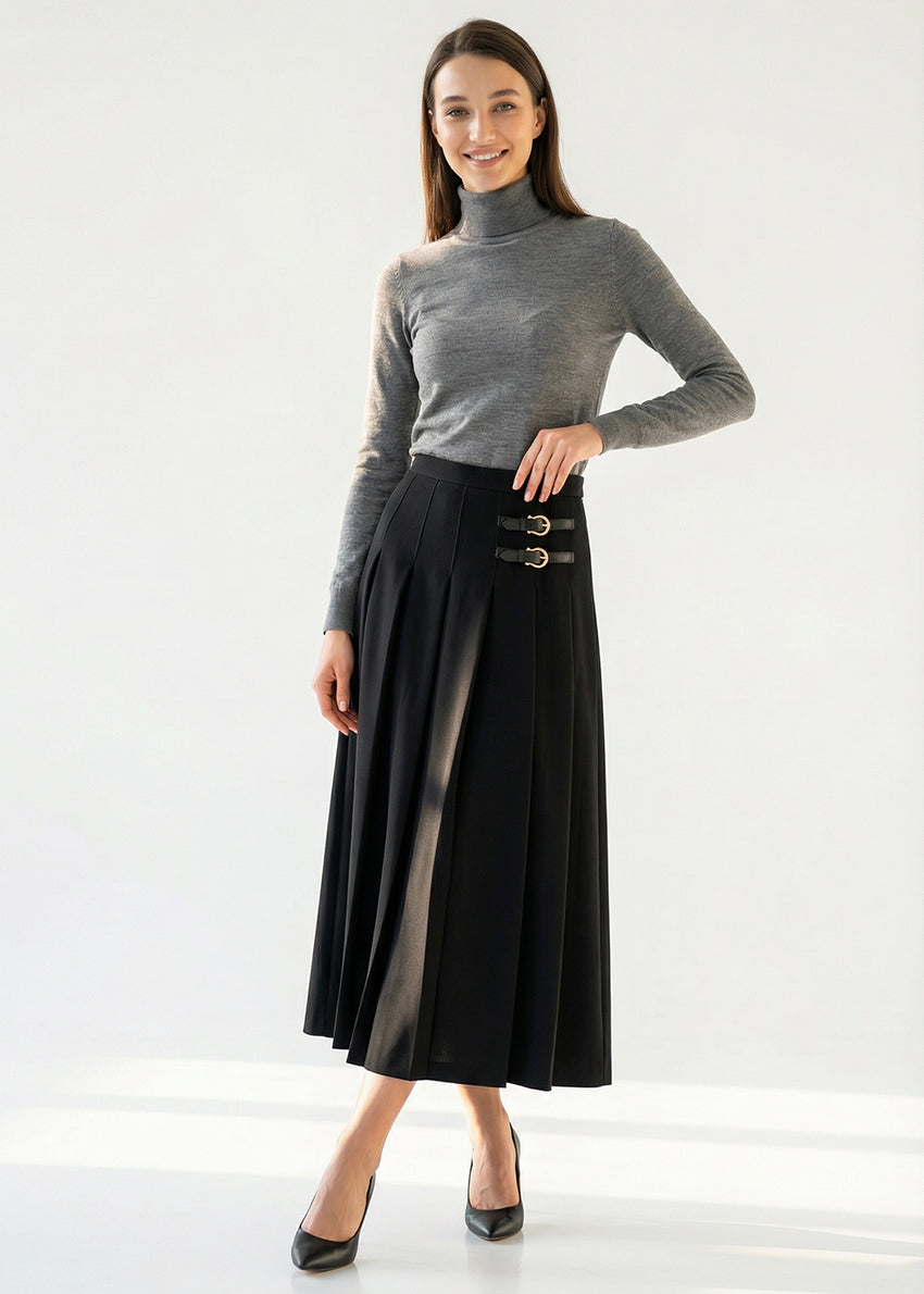 Black Pleated Midi Skirt with Buckle Belt Detail