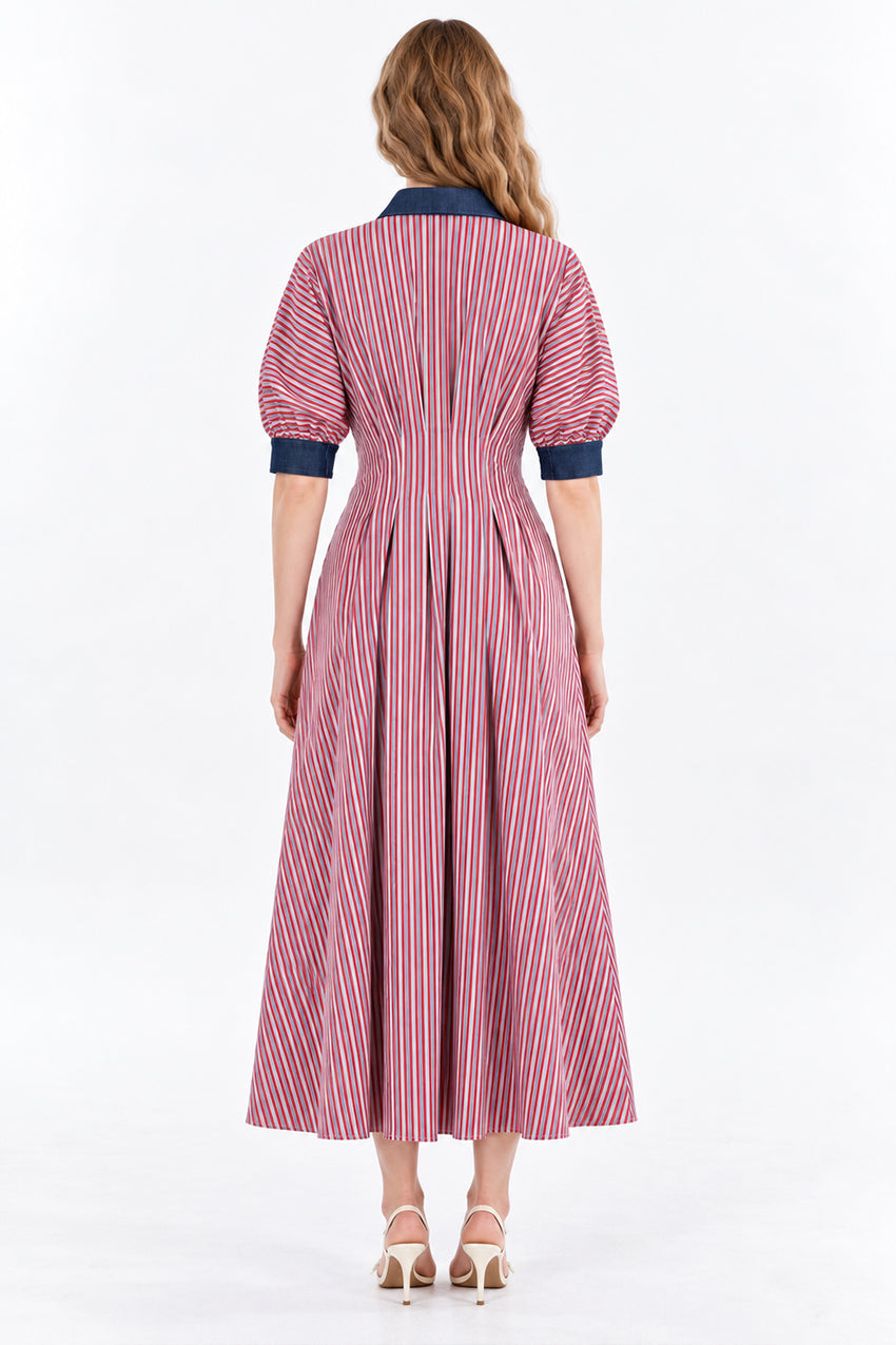 Denim Trim Raglan Sleeve Pleated Midi Dress - MULTICOLOR