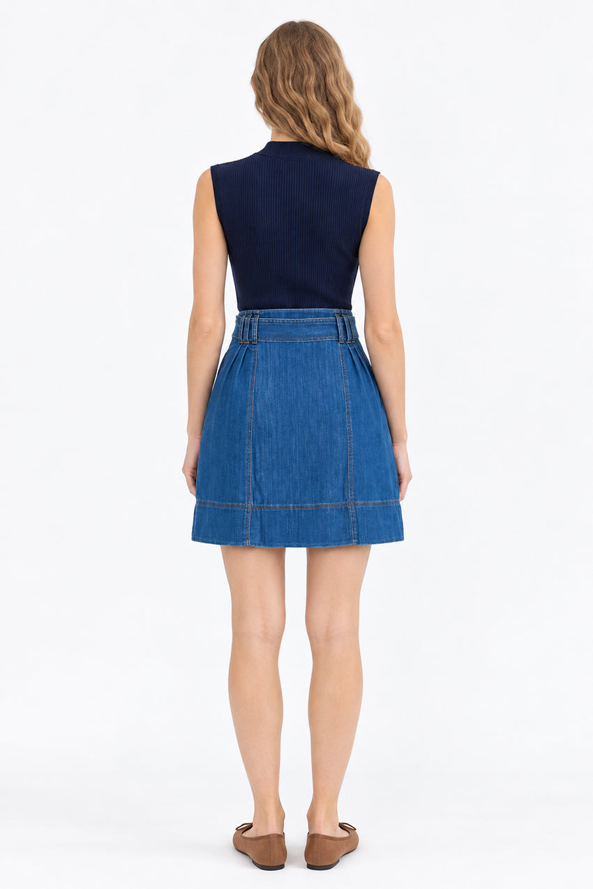 High Waisted Mini Skirt with Belt and Pockets - INDIGO