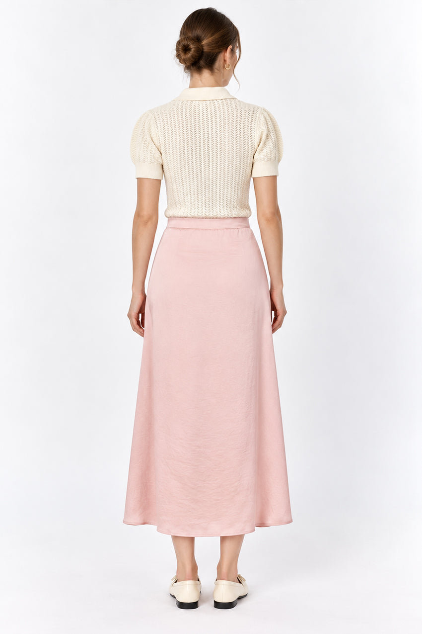 Satin Midi Skirt with Elastic Back - PINK