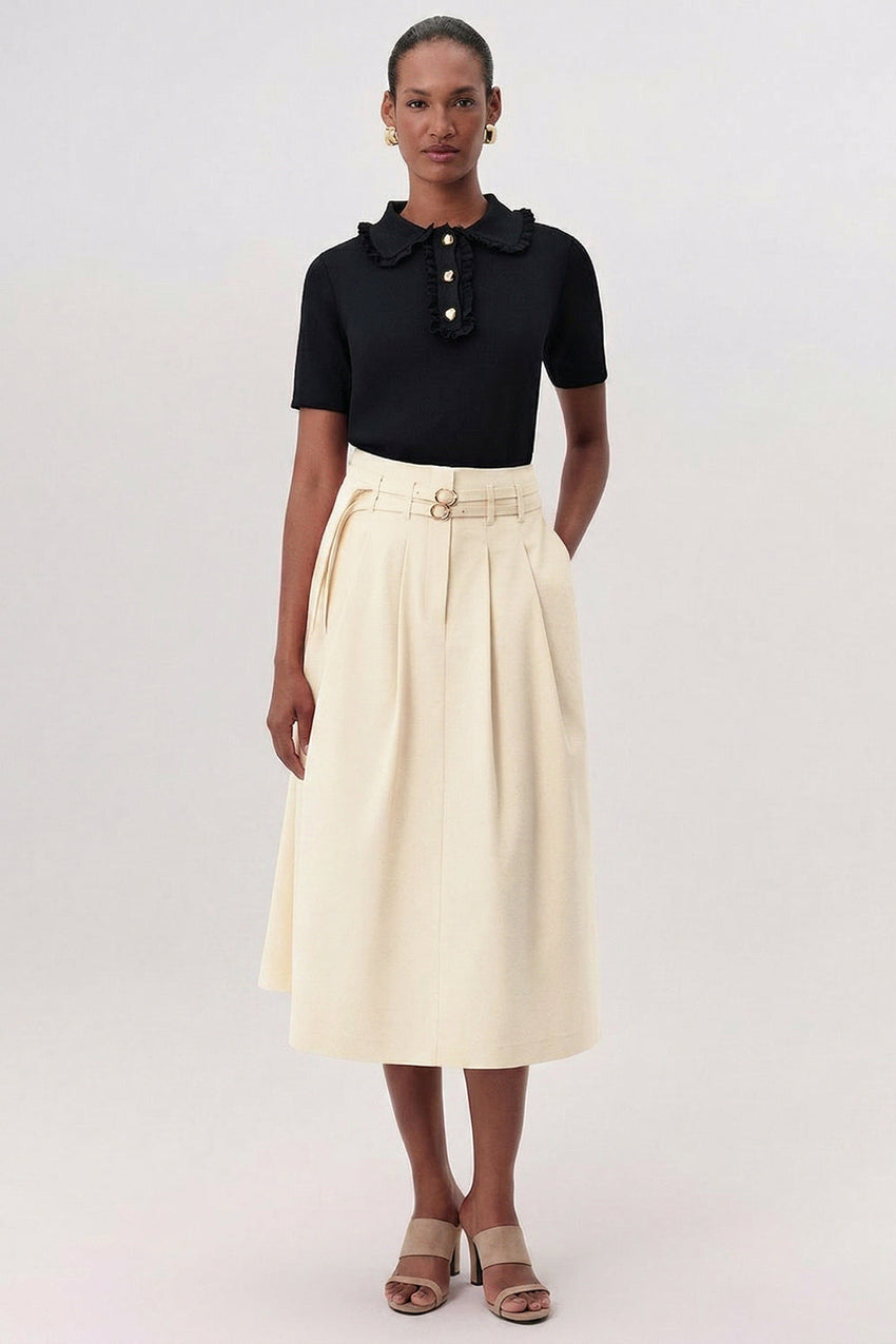 Belted High Waist Pleated Midi Skirt - CREAM