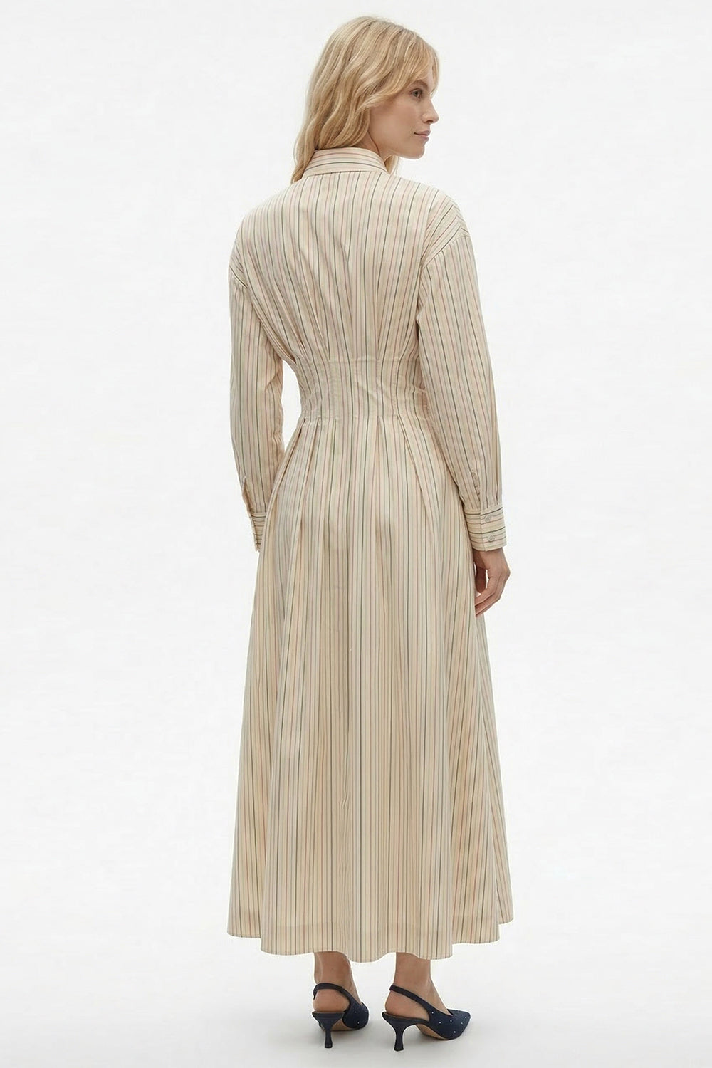 Long Sleeve Midi Shirt Dress - BEIGE