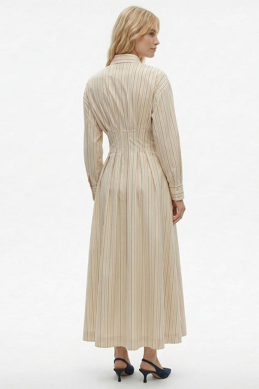 Long Sleeve Midi Shirt Dress - BEIGE
