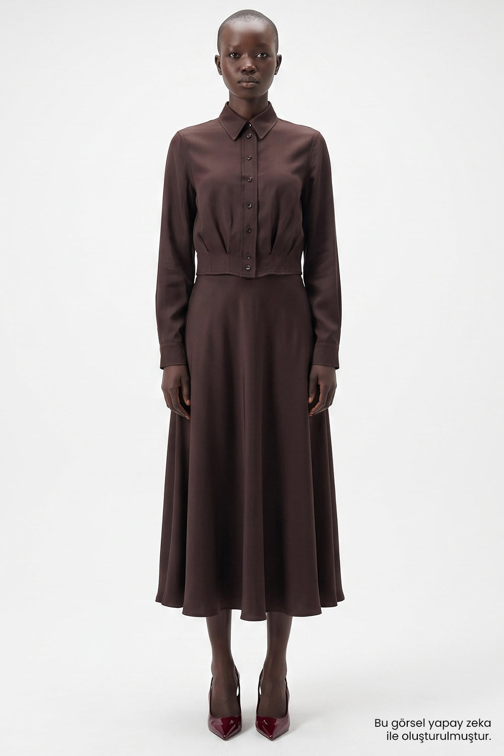 High Waisted Lined Satin Skirt - BROWN
