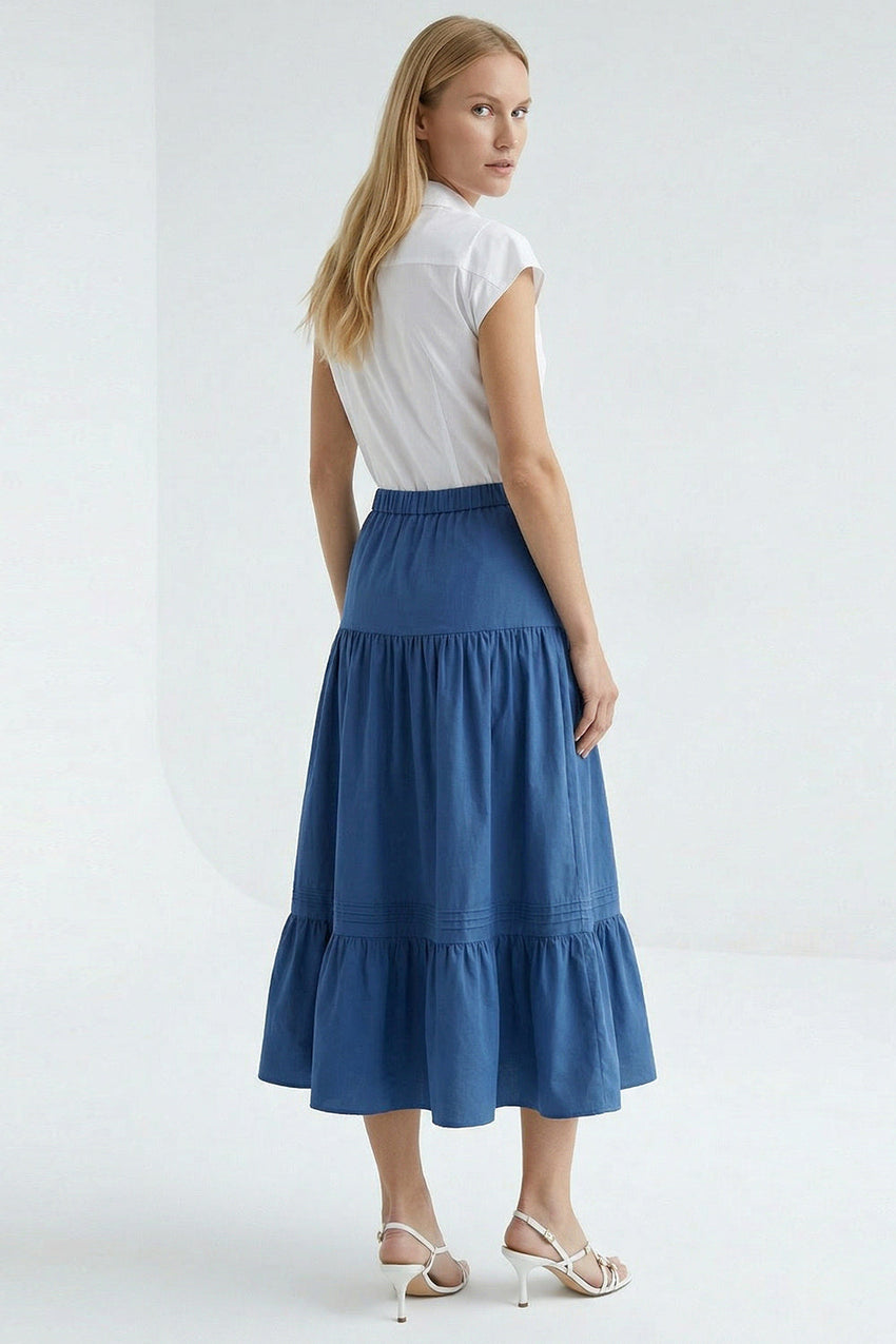 Elastic Waist Buttoned High Waist Midi Skirt - NAVY BLUE